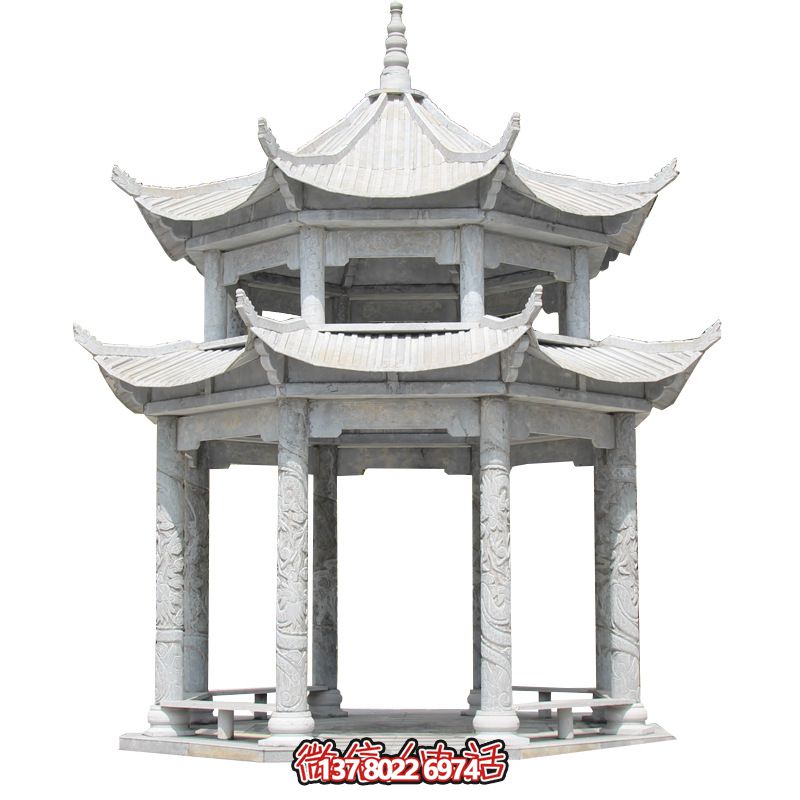 精美大理石雙層柱涼亭，雕塑點綴休息亭