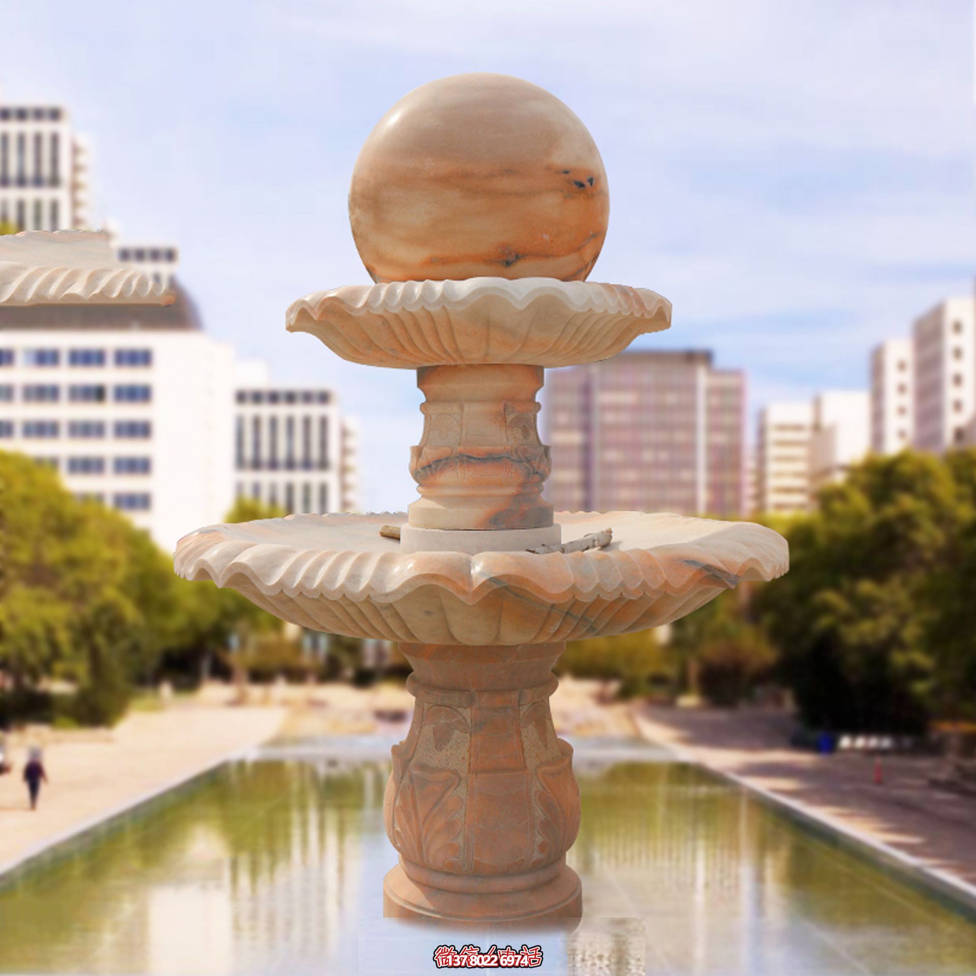 小區花園水池擺放晚霞紅風水球雕塑 小區花園水池擺放晚霞紅風水球雕塑